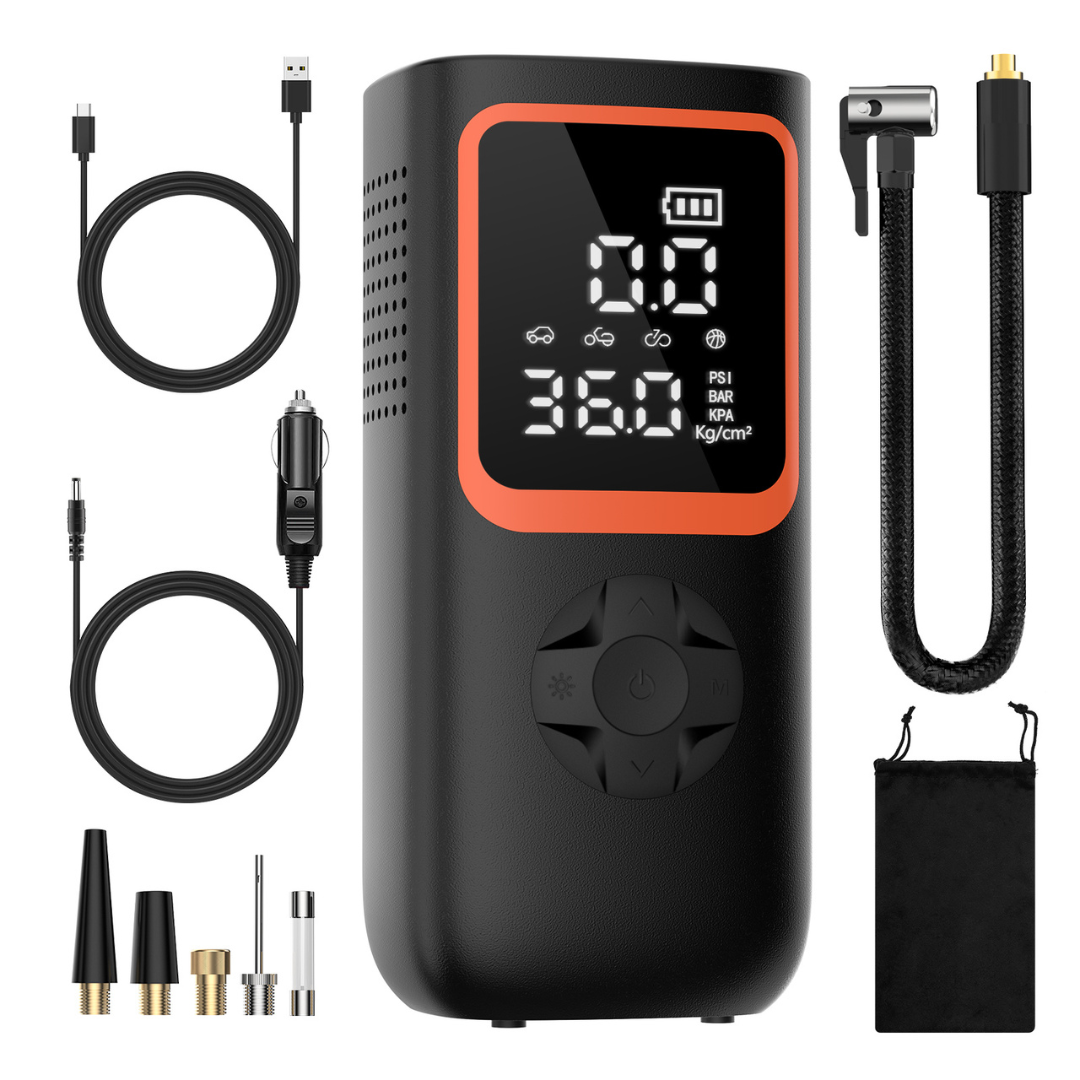 Portable air pump inflating car tire